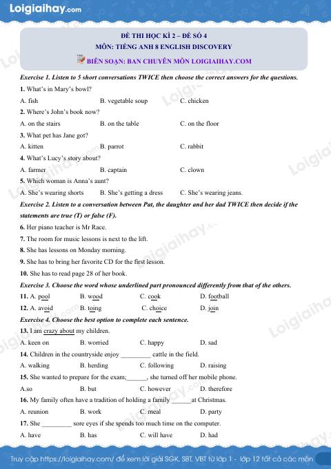 Đề thi học kì 2 Tiếng Anh 8 English Discovery - Đề số 4